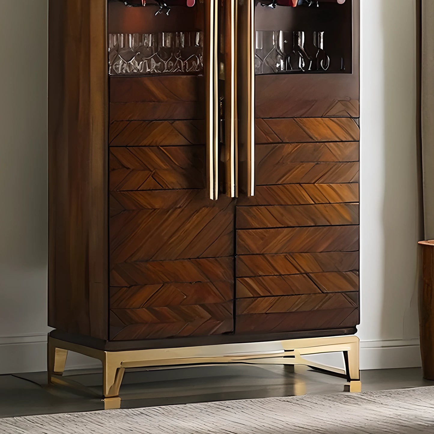 Contemporary Wooden Wine Cellar Cabinet with Transparent Glass Doors