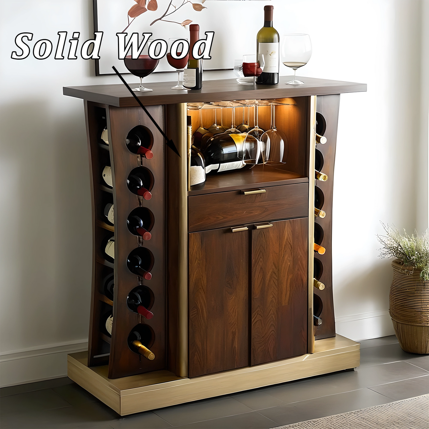 Solid Walnut Wine Storage Cabinet with Grid Shelves and Glass Display Doors