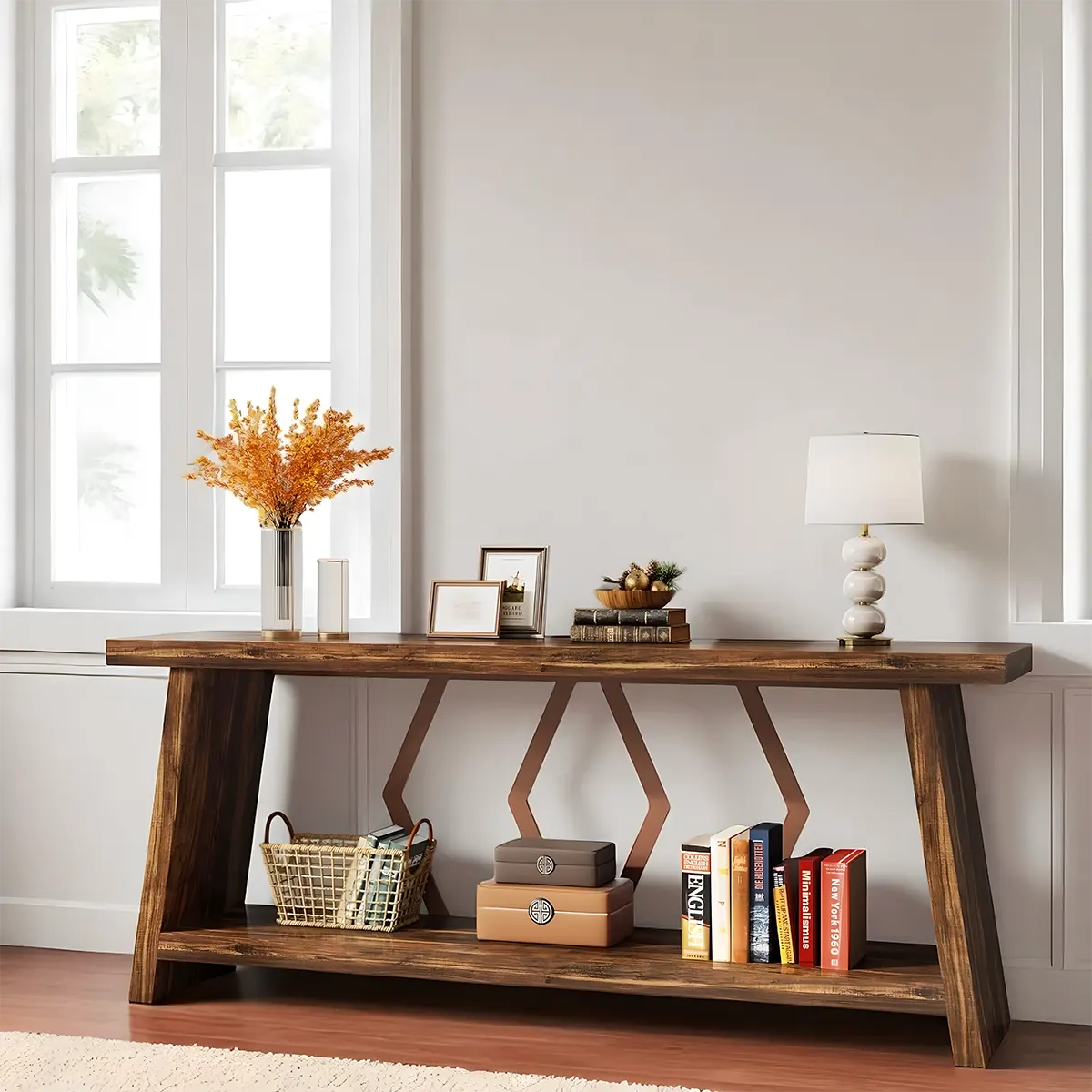 70.86 Inch Natural Wood Console Table with Decorative Zigzag Legs – Rustic Modern Style