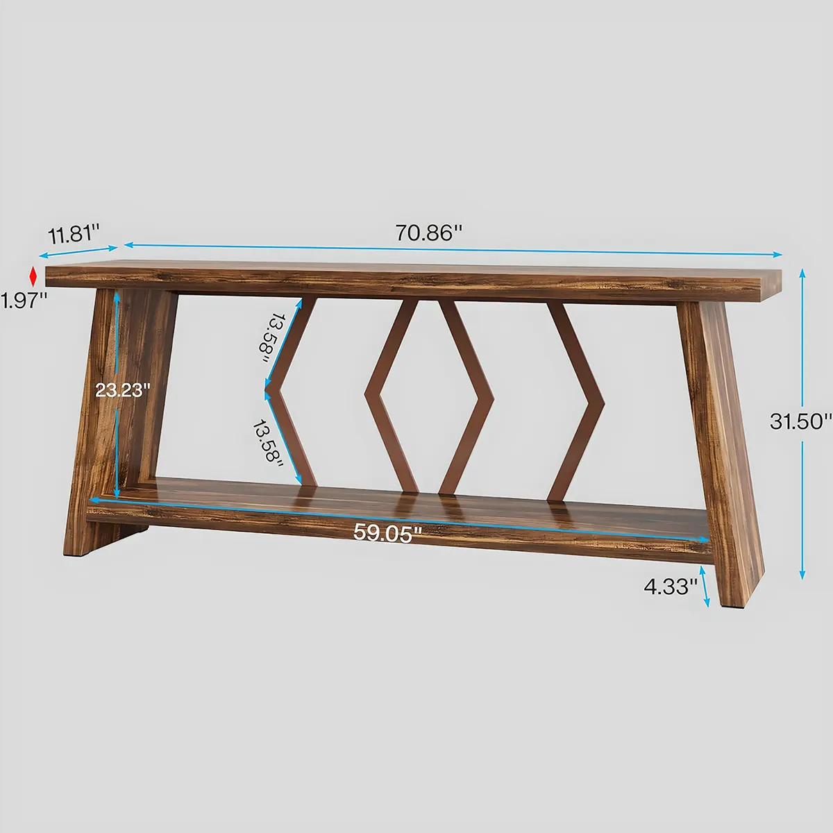 70.86 Inch Natural Wood Console Table with Decorative Zigzag Legs – Rustic Modern Style