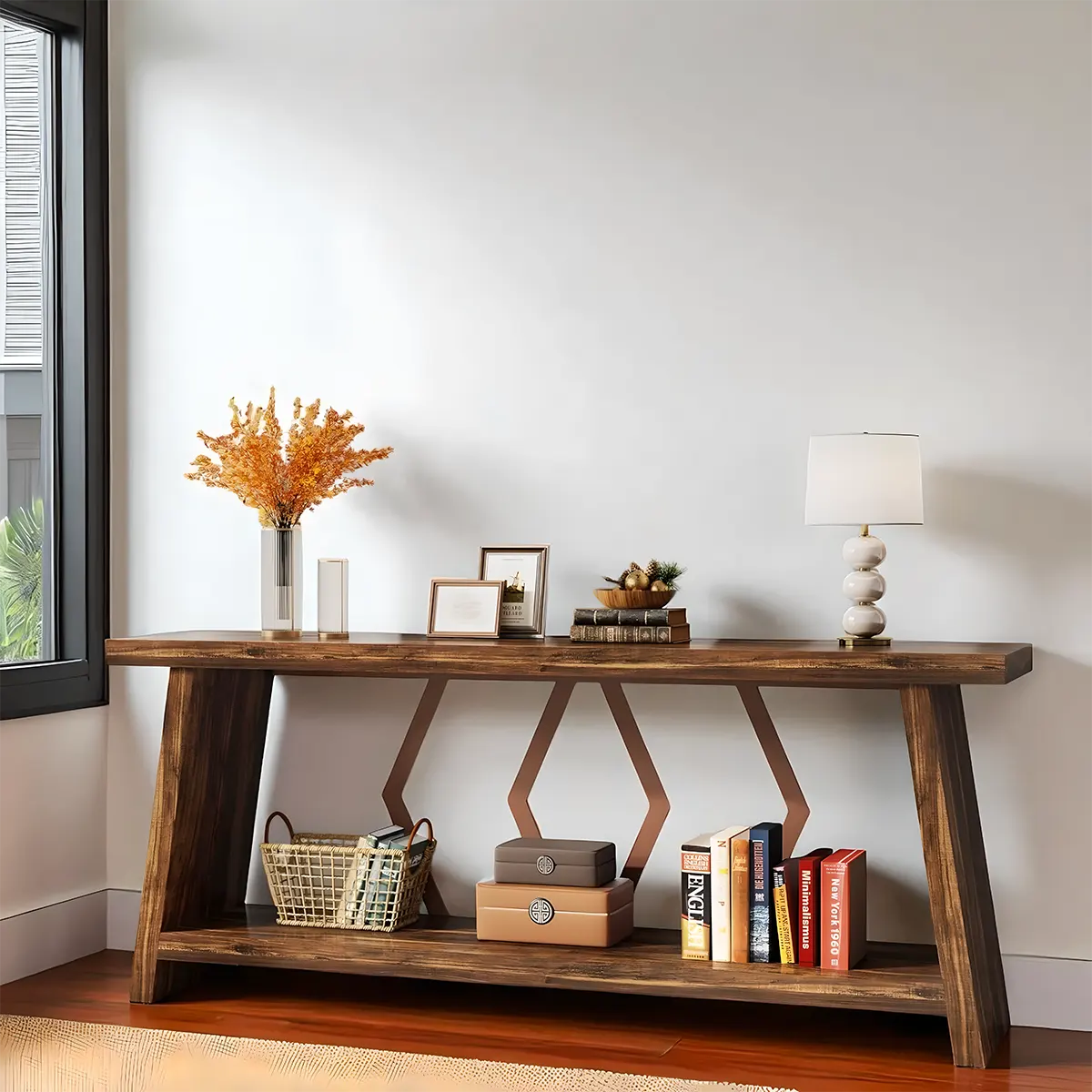 70.86 Inch Natural Wood Console Table with Decorative Zigzag Legs – Rustic Modern Style