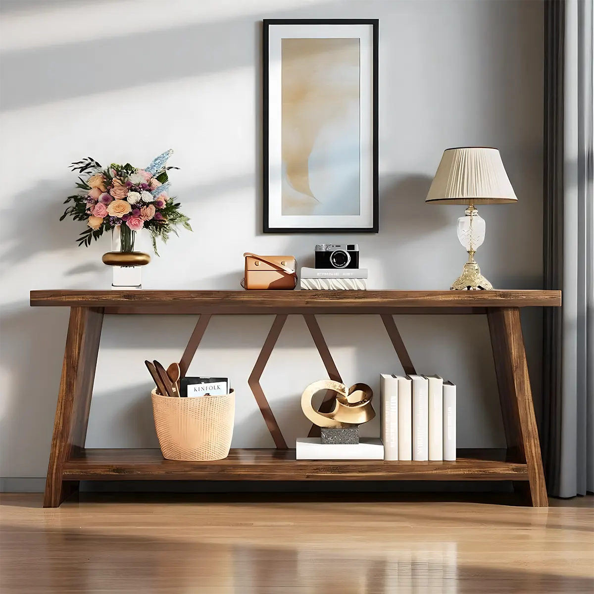 70.86 Inch Natural Wood Console Table with Decorative Zigzag Legs – Rustic Modern Style