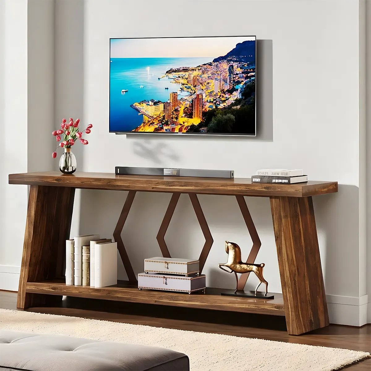 70.86 Inch Natural Wood Console Table with Decorative Zigzag Legs – Rustic Modern Style