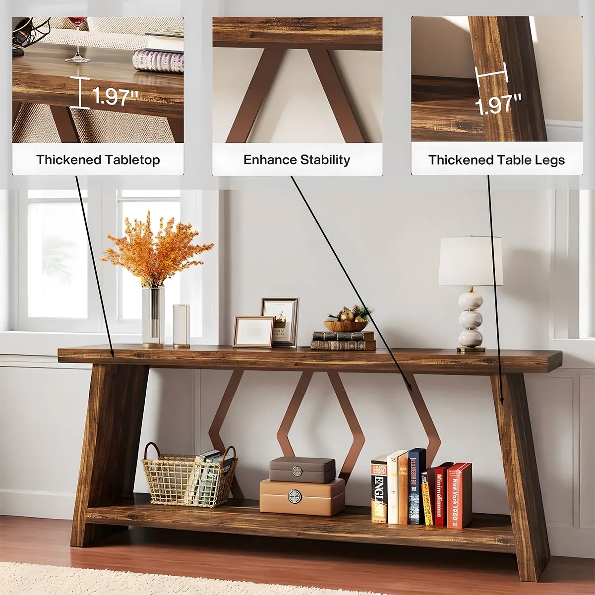 70.86 Inch Natural Wood Console Table with Decorative Zigzag Legs – Rustic Modern Style