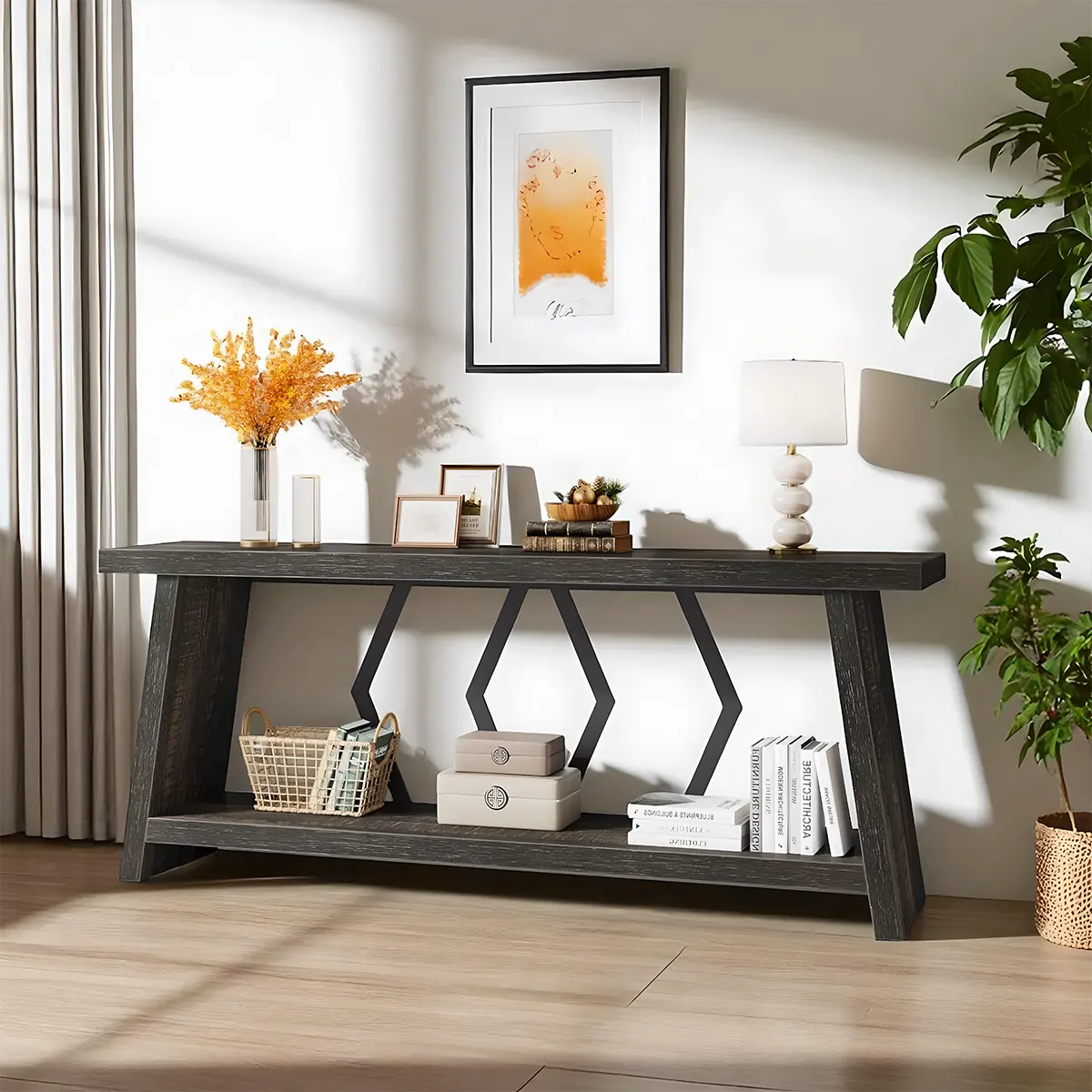 70.86 Inch Natural Wood Console Table with Decorative Zigzag Legs – Rustic Modern Style