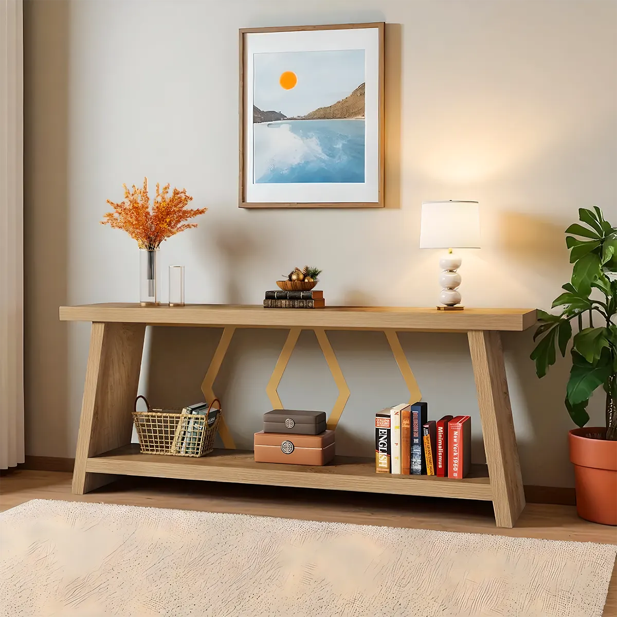 70.86 Inch Natural Wood Console Table with Decorative Zigzag Legs – Rustic Modern Style