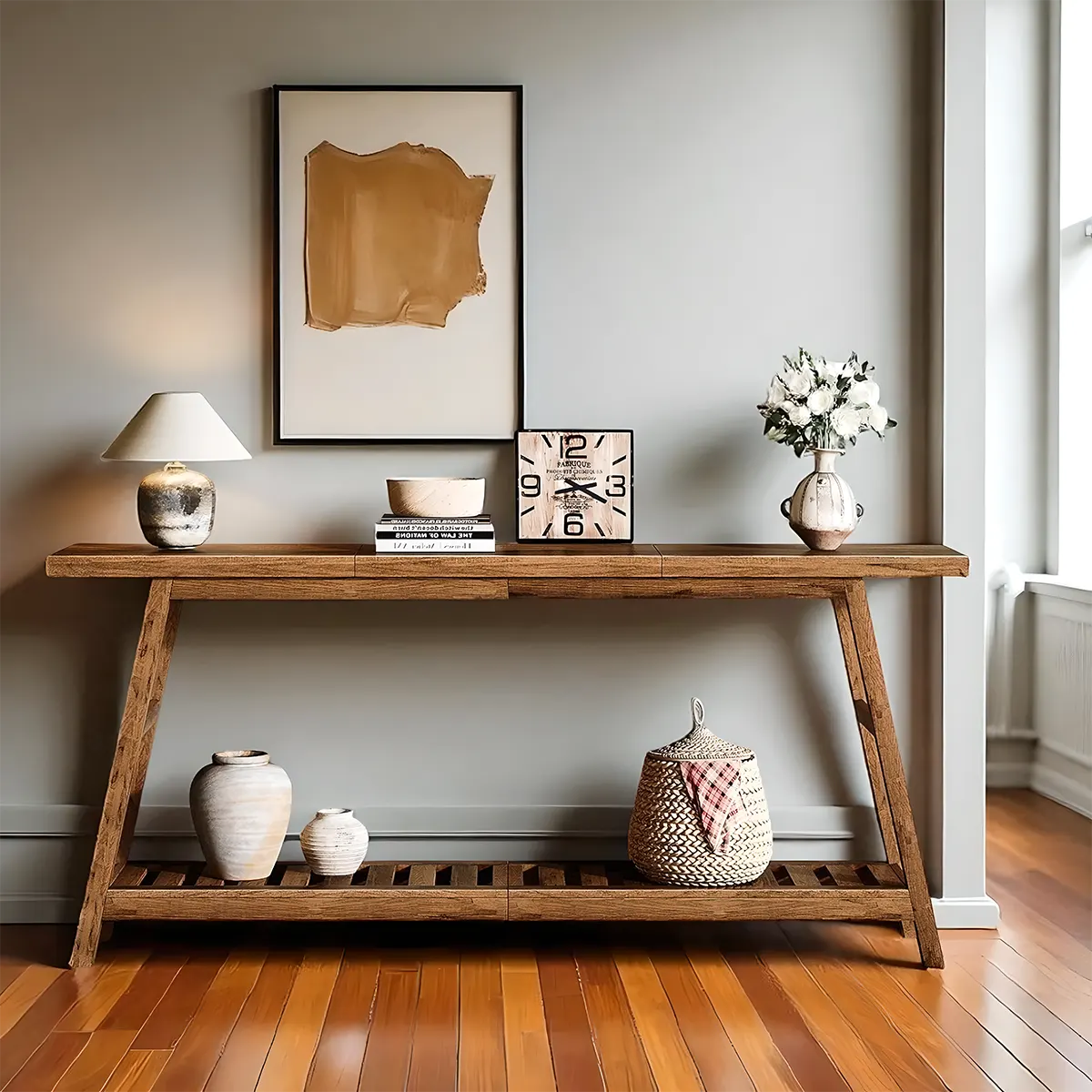 71″ Acacia Wood Console Table – Modern design, 2-tier storage structure