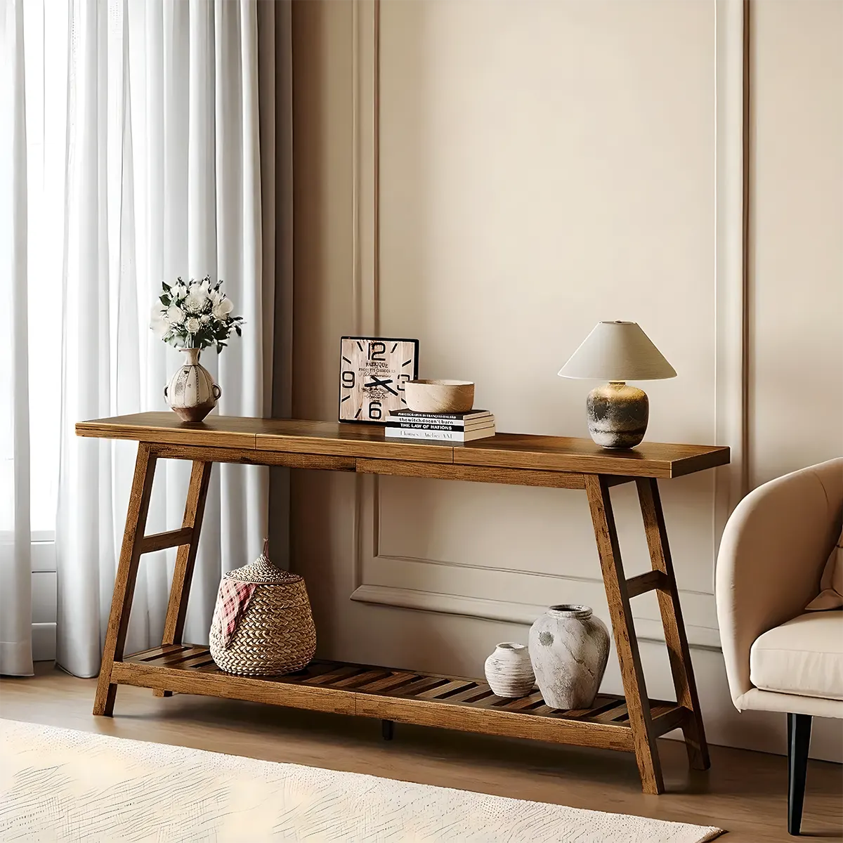 71″ Acacia Wood Console Table – Modern design, 2-tier storage structure