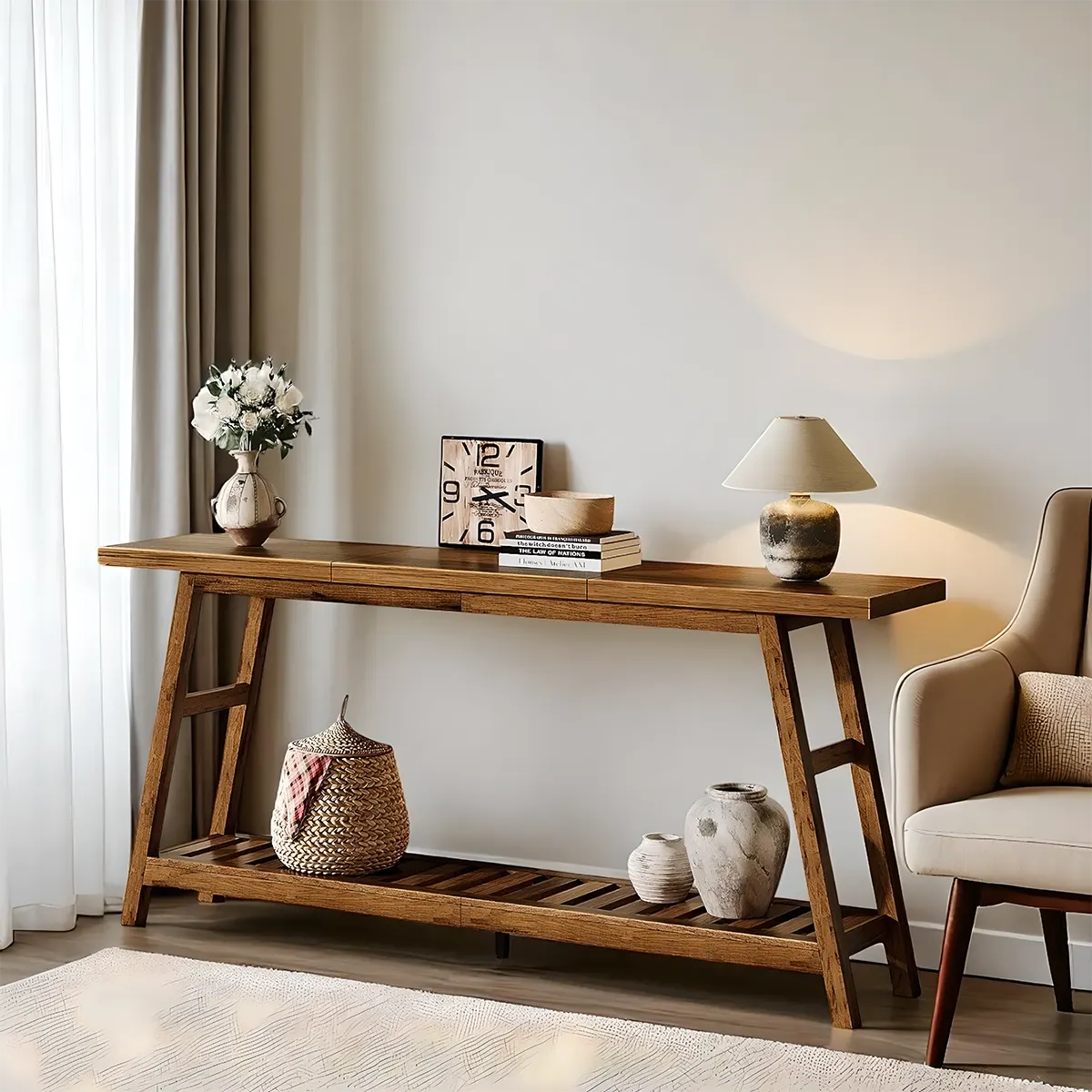71″ Acacia Wood Console Table – Modern design, 2-tier storage structure