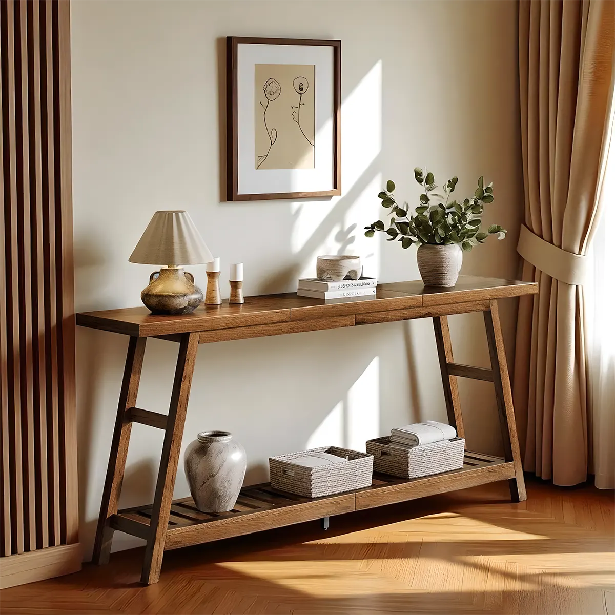 71″ Acacia Wood Console Table – Modern design, 2-tier storage structure