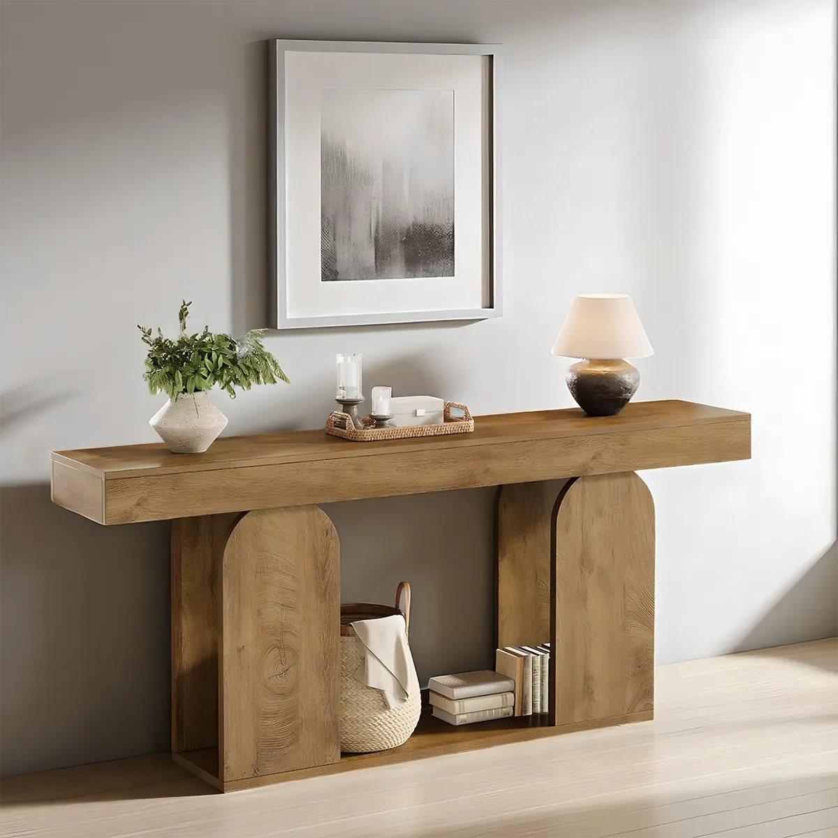 71 Inch Modern Oak Console Table – Aesthetic Curved Legs, Top and Bottom Shelves, Decorative Style and Storage