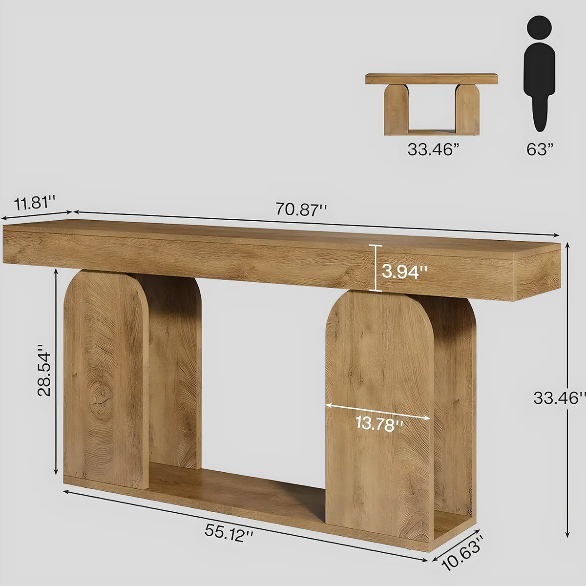 71 Inch Modern Oak Console Table – Aesthetic Curved Legs, Top and Bottom Shelves, Decorative Style and Storage