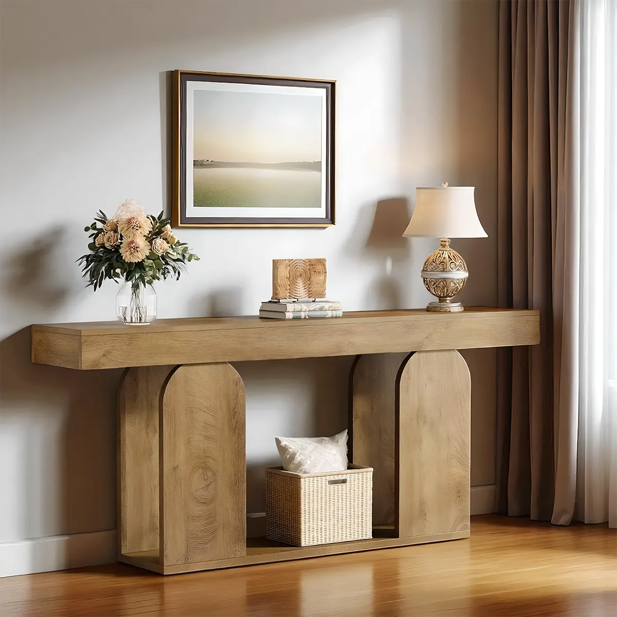 71 Inch Modern Oak Console Table – Aesthetic Curved Legs, Top and Bottom Shelves, Decorative Style and Storage