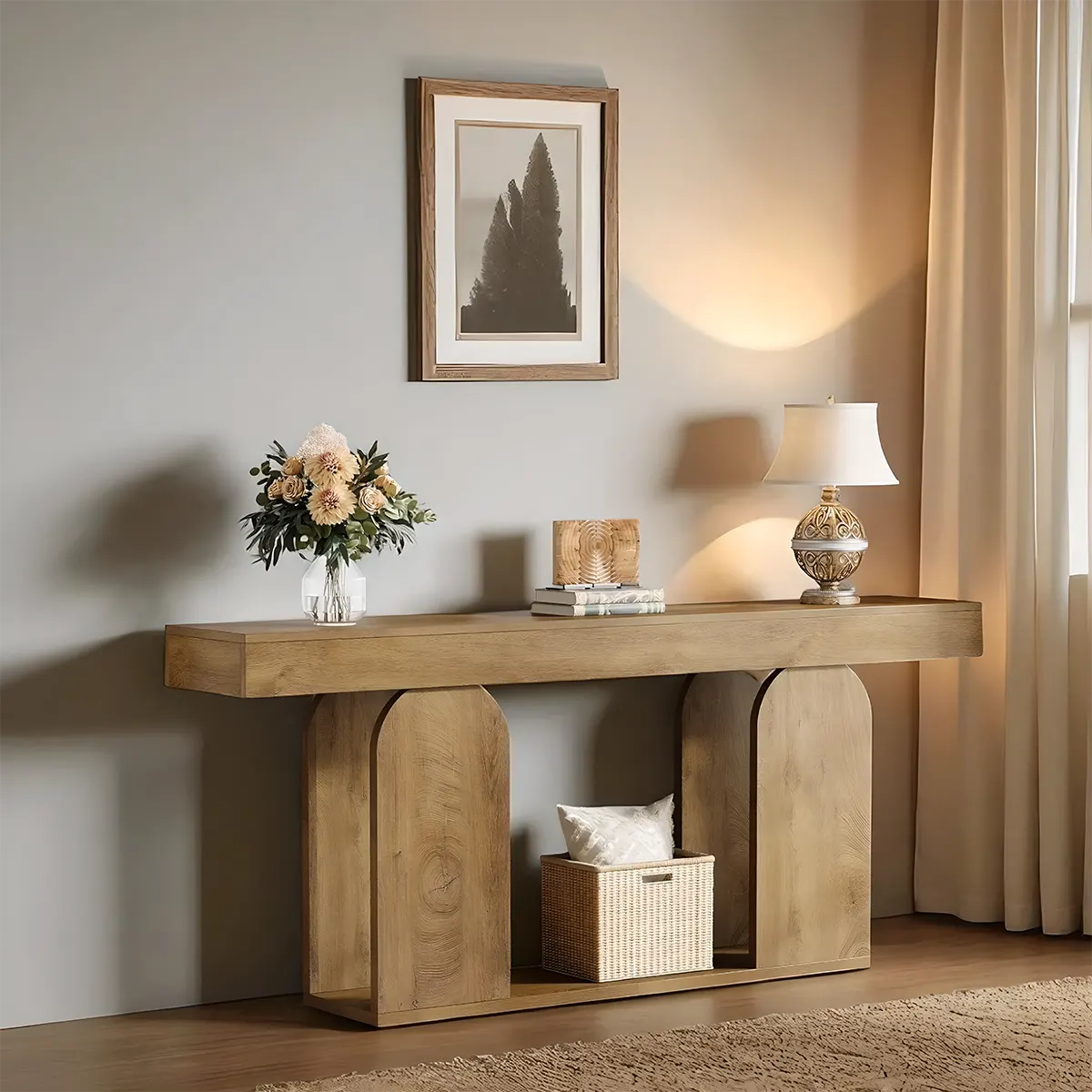 71 Inch Modern Oak Console Table – Aesthetic Curved Legs, Top and Bottom Shelves, Decorative Style and Storage