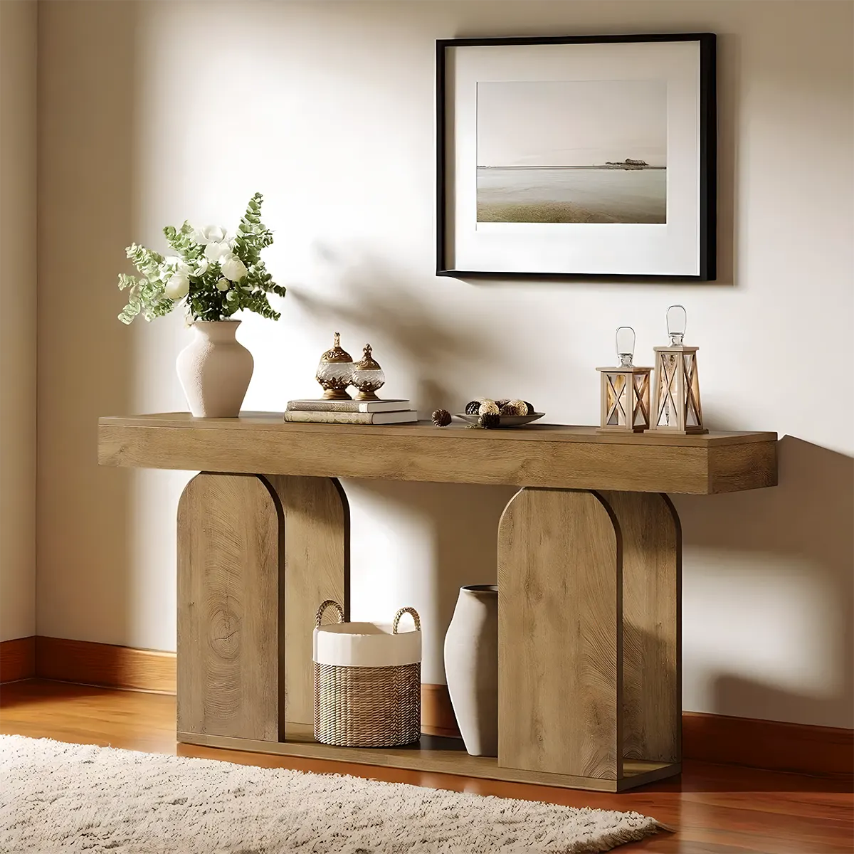71 Inch Modern Oak Console Table – Aesthetic Curved Legs, Top and Bottom Shelves, Decorative Style and Storage