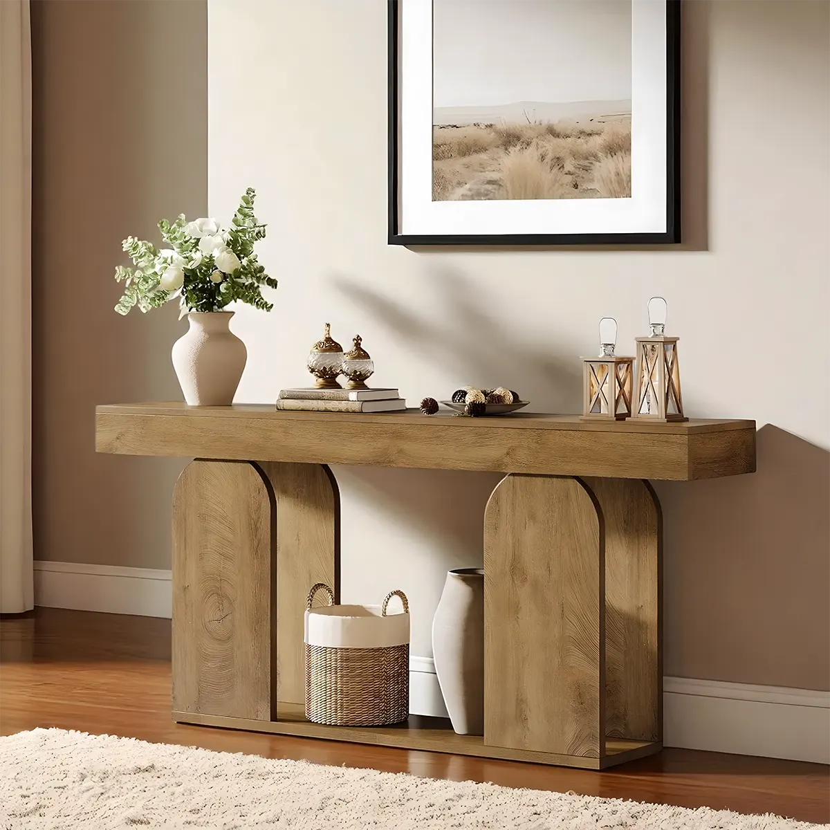 71 Inch Modern Oak Console Table – Aesthetic Curved Legs, Top and Bottom Shelves, Decorative Style and Storage