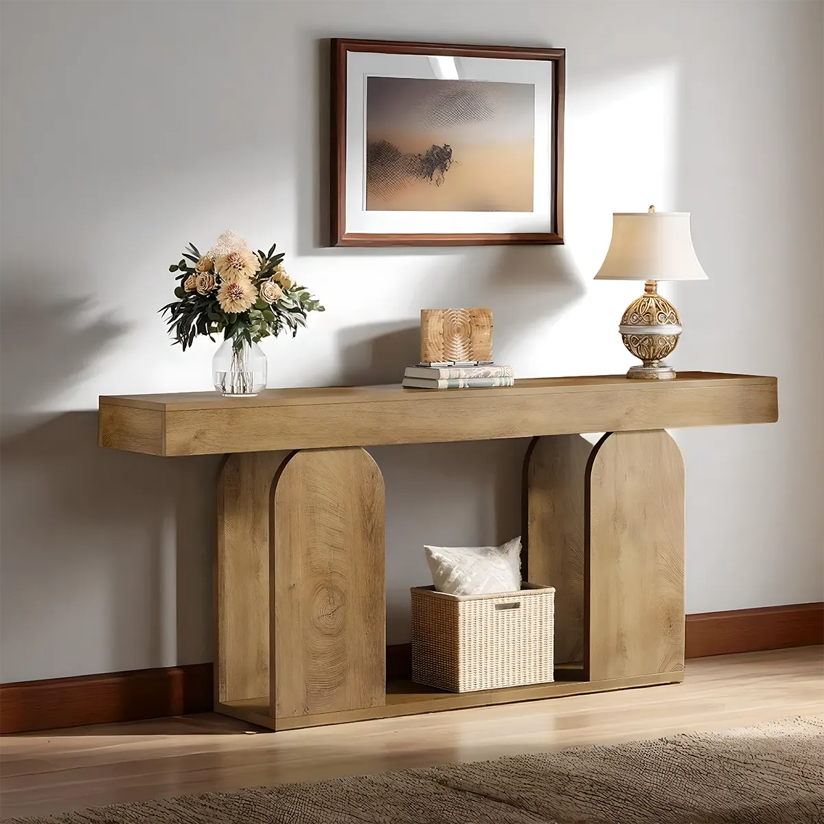 71 Inch Modern Oak Console Table – Aesthetic Curved Legs, Top and Bottom Shelves, Decorative Style and Storage