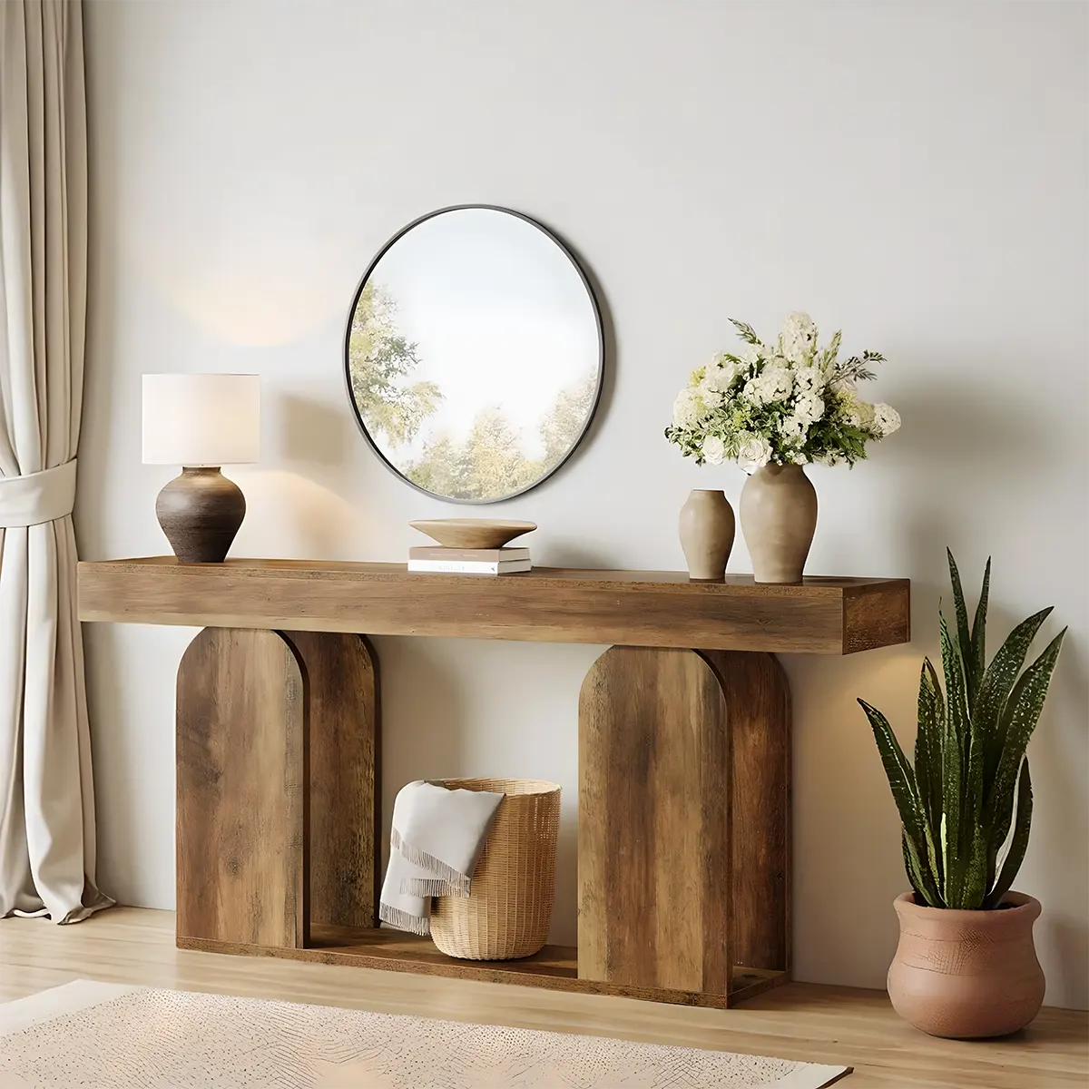 71 Inch Modern Oak Console Table – Aesthetic Curved Legs, Top and Bottom Shelves, Decorative Style and Storage