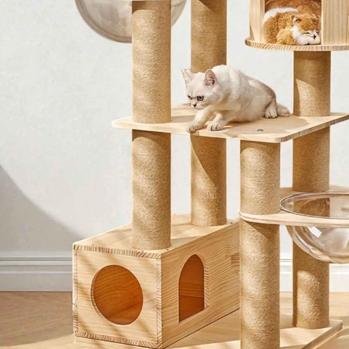 Multi-Level Wooden Cat Tree Tower with Cozy Perches