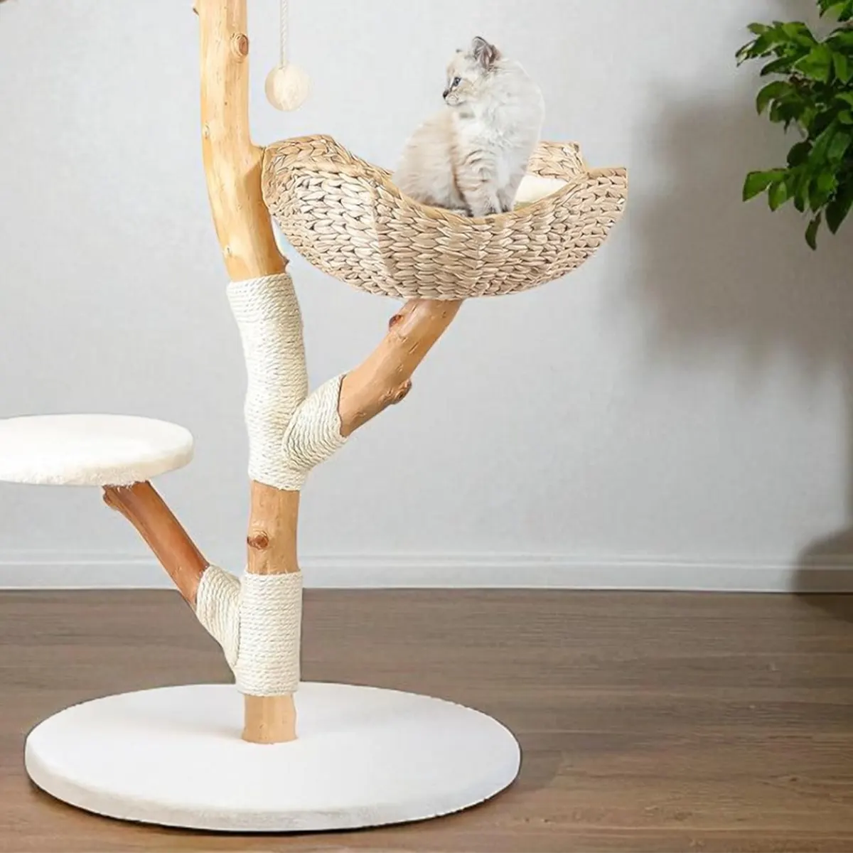 Solid Wood Cat Tree with Woven Baskets & Perches