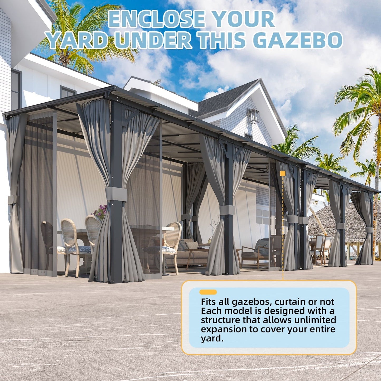 Mazonvintage 20' x 12' Lean to Gazebo with Netting and Curtain Outdoor Mazonvintage Gazebo Aluminum Metal Pergola For Garden, Patio, Mazonvintage-Dark Gray