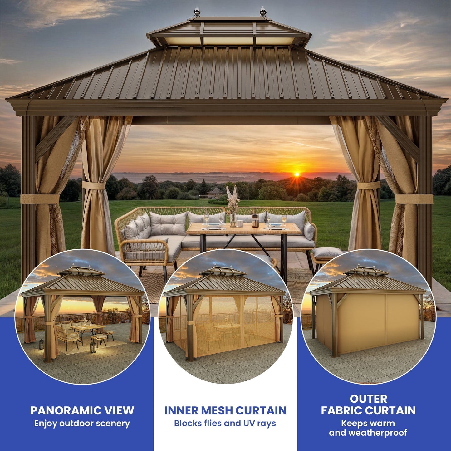 Mazonvintage 12' x 14' Outdoor Hardtop Gazebo with Netting & Shaded Curtains, Heavy Duty Double Roof Galvanized Steel Garden Tent for Patio, Mazonvintage, Bronze
