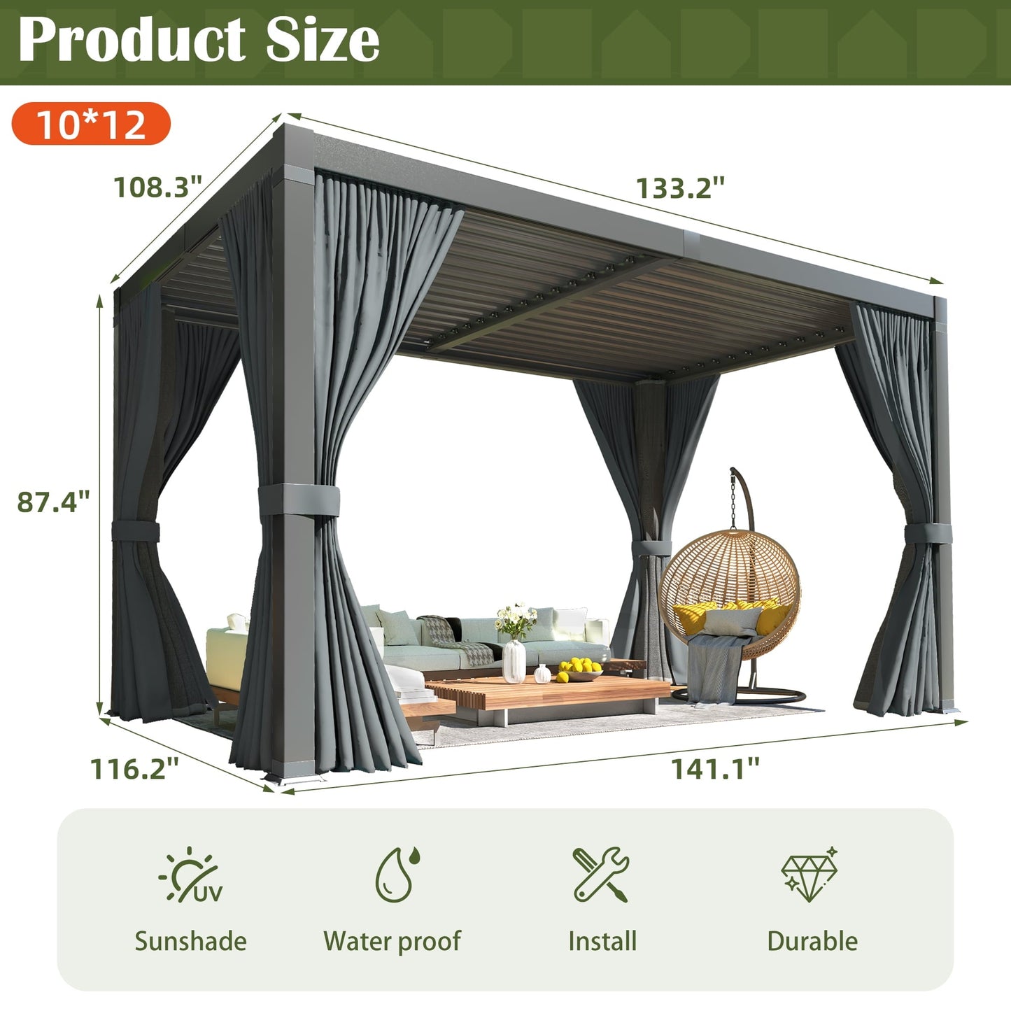 Mazonvintage 10'x12' Outdoor Aluminum Louvered Pergola with Adjustable Louvered Roof for Mazonvintage, Garden, and Decks, Gray