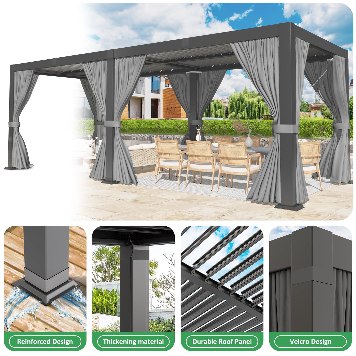 Mazonvintage Outdoor 10x20 FT Louvered Pergola, Aluminum Pergola with Adjustable Louvered Roof for Patio, Deck, Garden, Gray