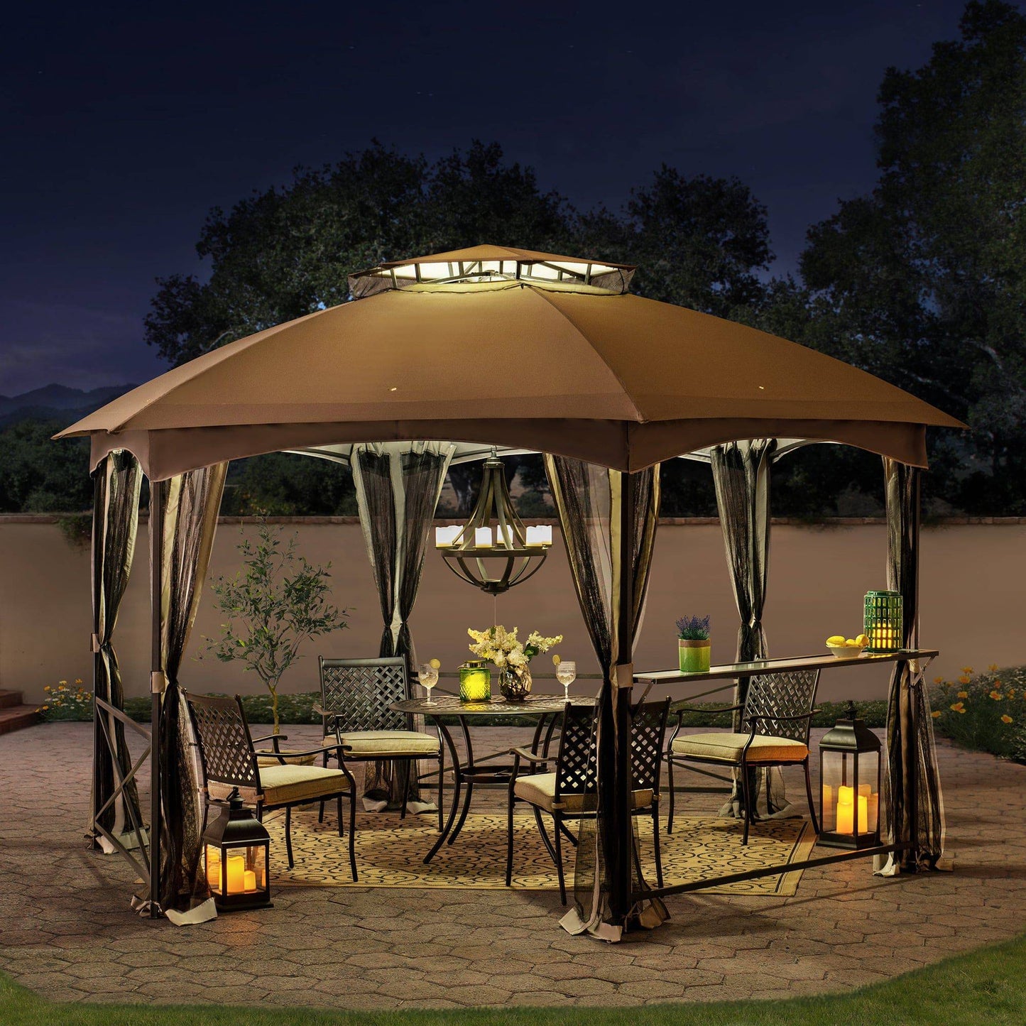 Mazonvintage 15x15 Hexagon Soft Top Gazebo with Netting and Bar Shelf