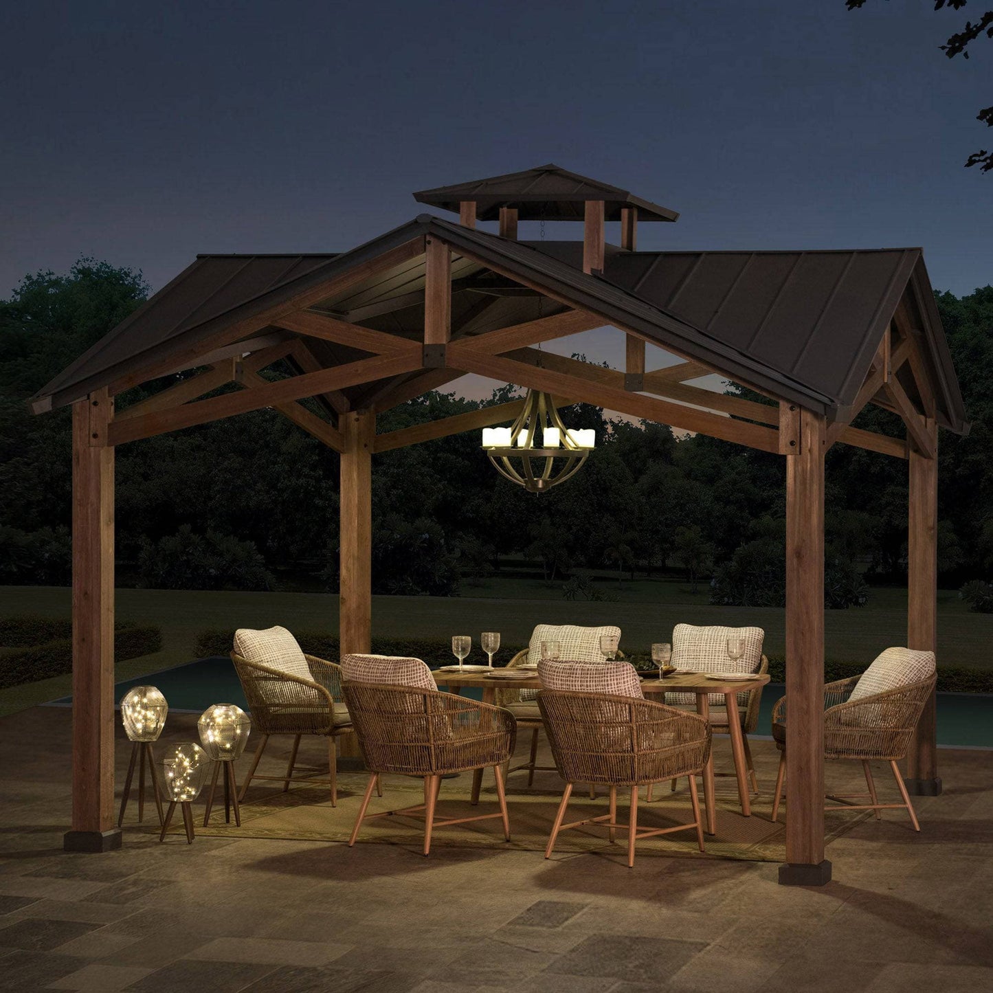 Mazonvintage 12.5x12.5 Wooden Frame Hardtop Gazebo with Ceiling Hook
