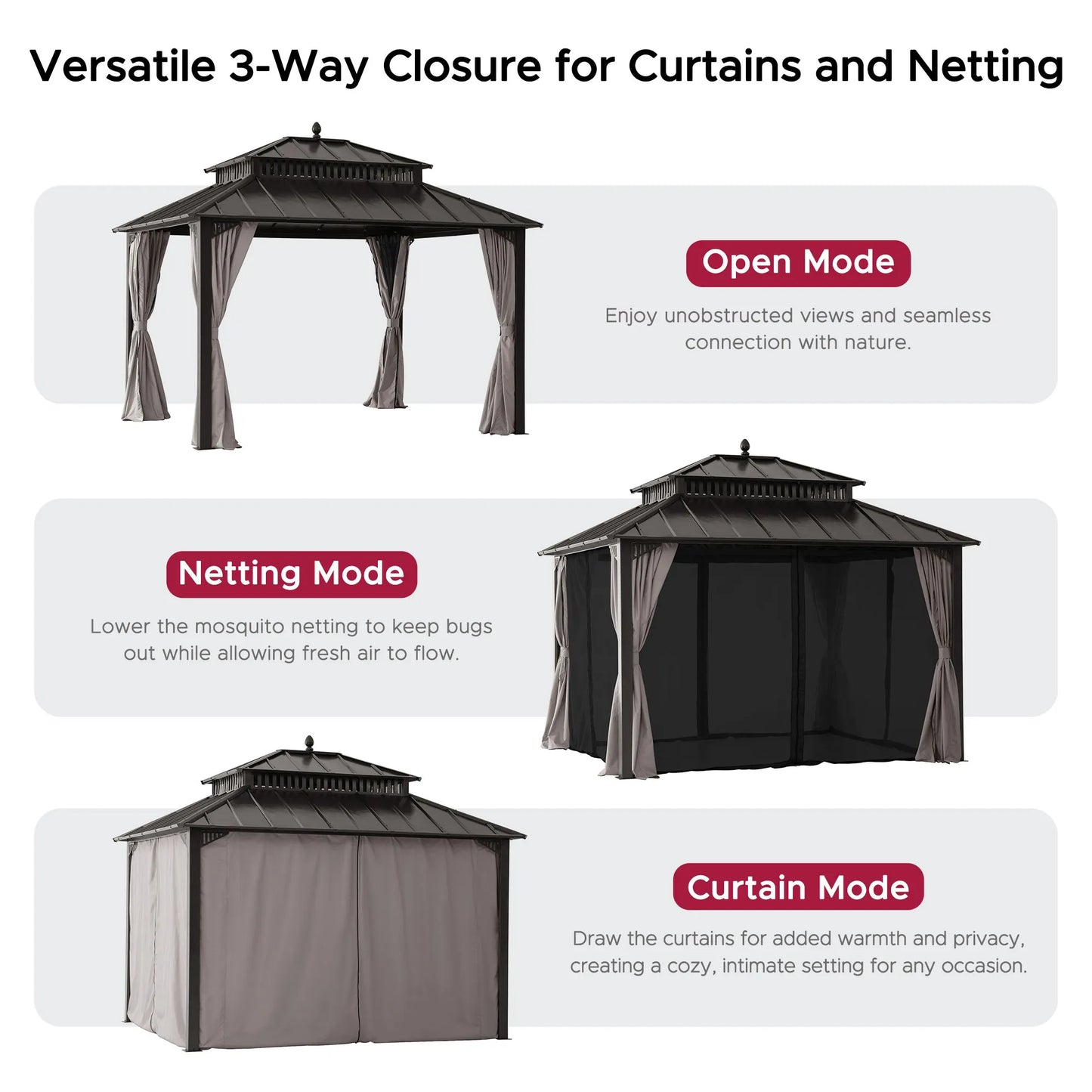 Mazonvintage Kingston 12x10 Gazebo with Netting & Curtain | Steel Roof - Brown Aluminum Posts