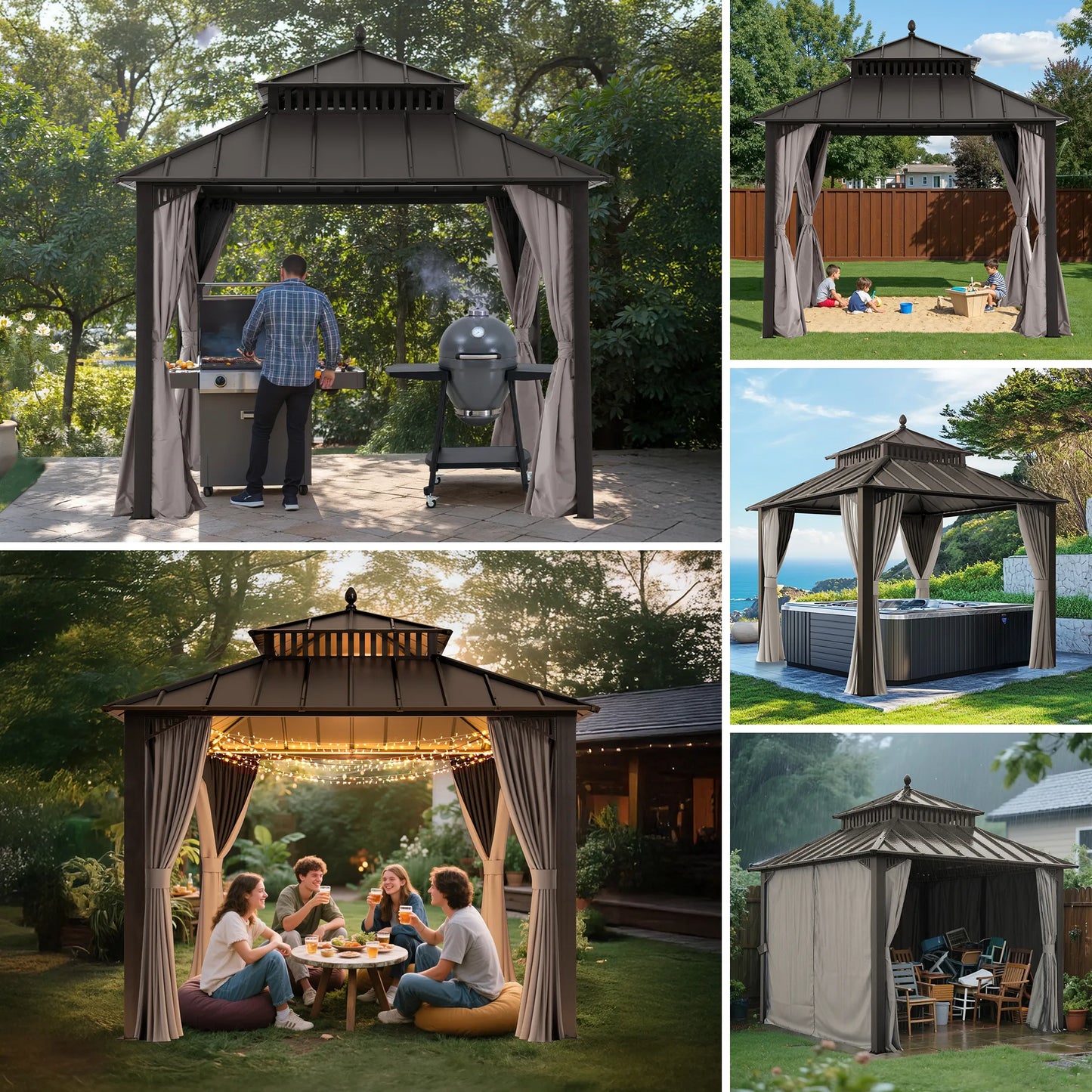 Mazonvintage Kingston 10x10 Gazebo with Netting & Curtain | Steel Roof - Brown Aluminum Posts