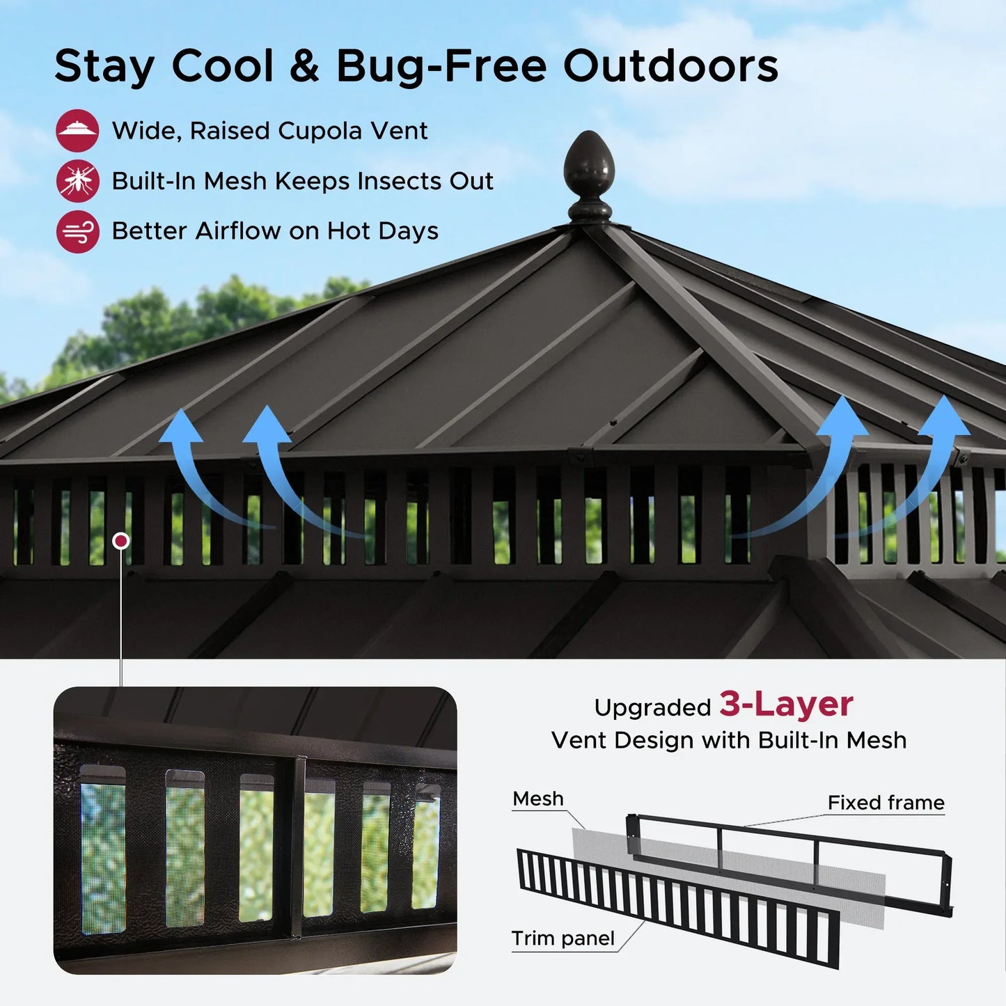 Mazonvintage Kingston 12x12 Gazebo with Netting & Curtain | Steel Roof - Brown Aluminum Posts