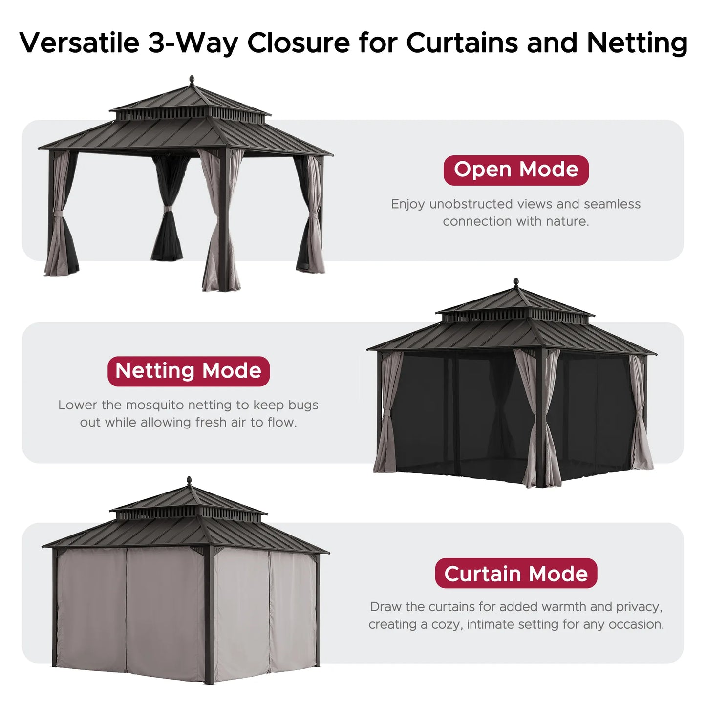 Mazonvintage Kingston 12x12 Gazebo with Netting & Curtain | Steel Roof - Brown Aluminum Posts