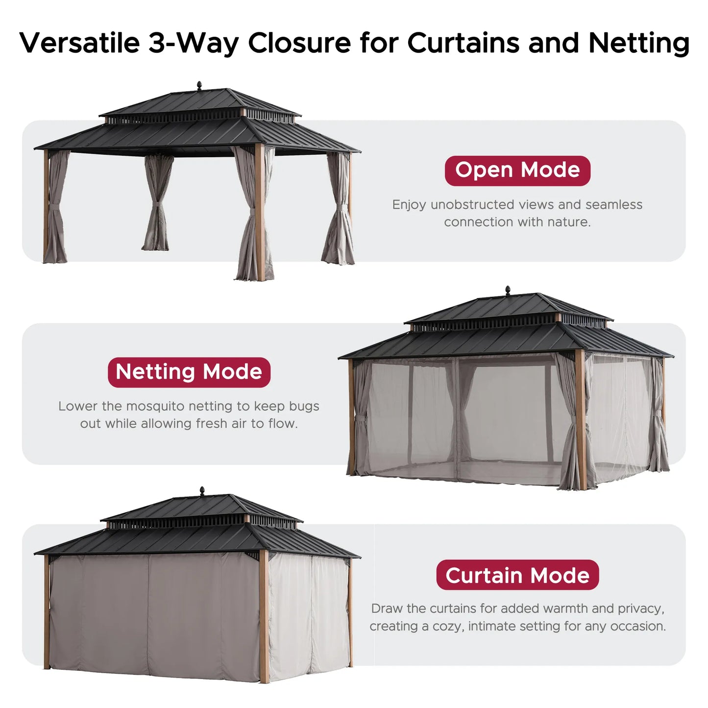 Mazonvintage Kingston 12x16 Gazebo with Netting & Curtain | Steel Roof - Woodgrain Aluminum Posts
