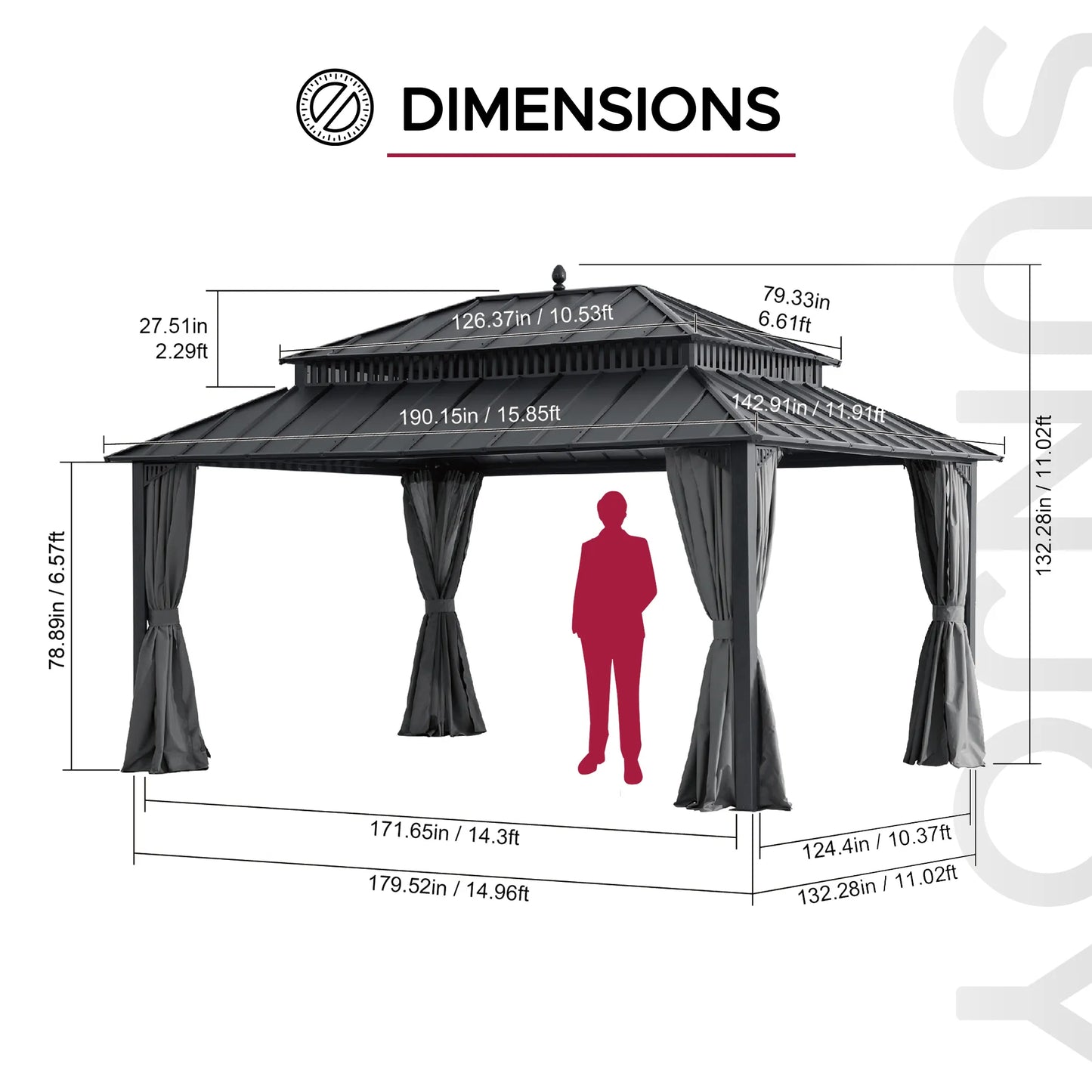 MazonvintageKingston 12x16 Gazebo with Netting & Curtain | Steel Roof - Gray Aluminum Posts