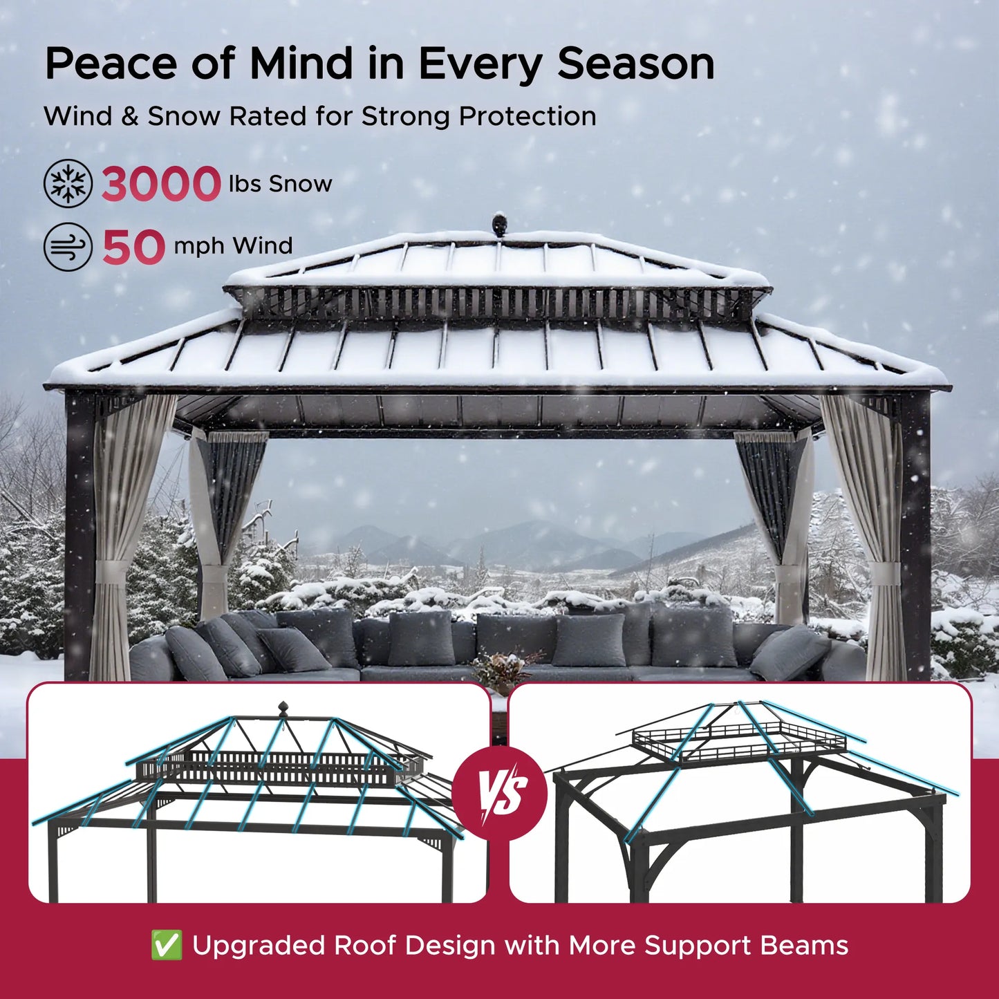 MazonvintageKingston 12x16 Gazebo with Netting & Curtain | Steel Roof - Brown Aluminum Posts
