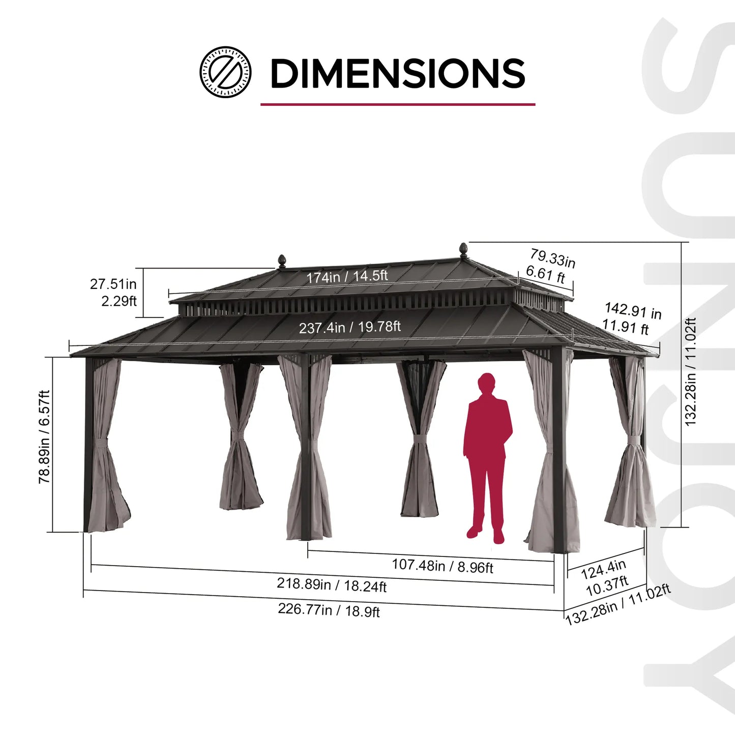 Mazonvintage Kingston 12x20 Gazebo with Netting & Curtain | Steel Roof - Brown Aluminum Posts