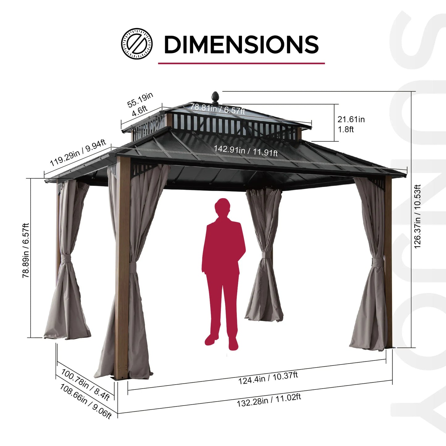 Mazonvintage Kingston 12x10 Gazebo with Netting & Curtain | Steel & PC Roof - Woodgrain Aluminum Posts
