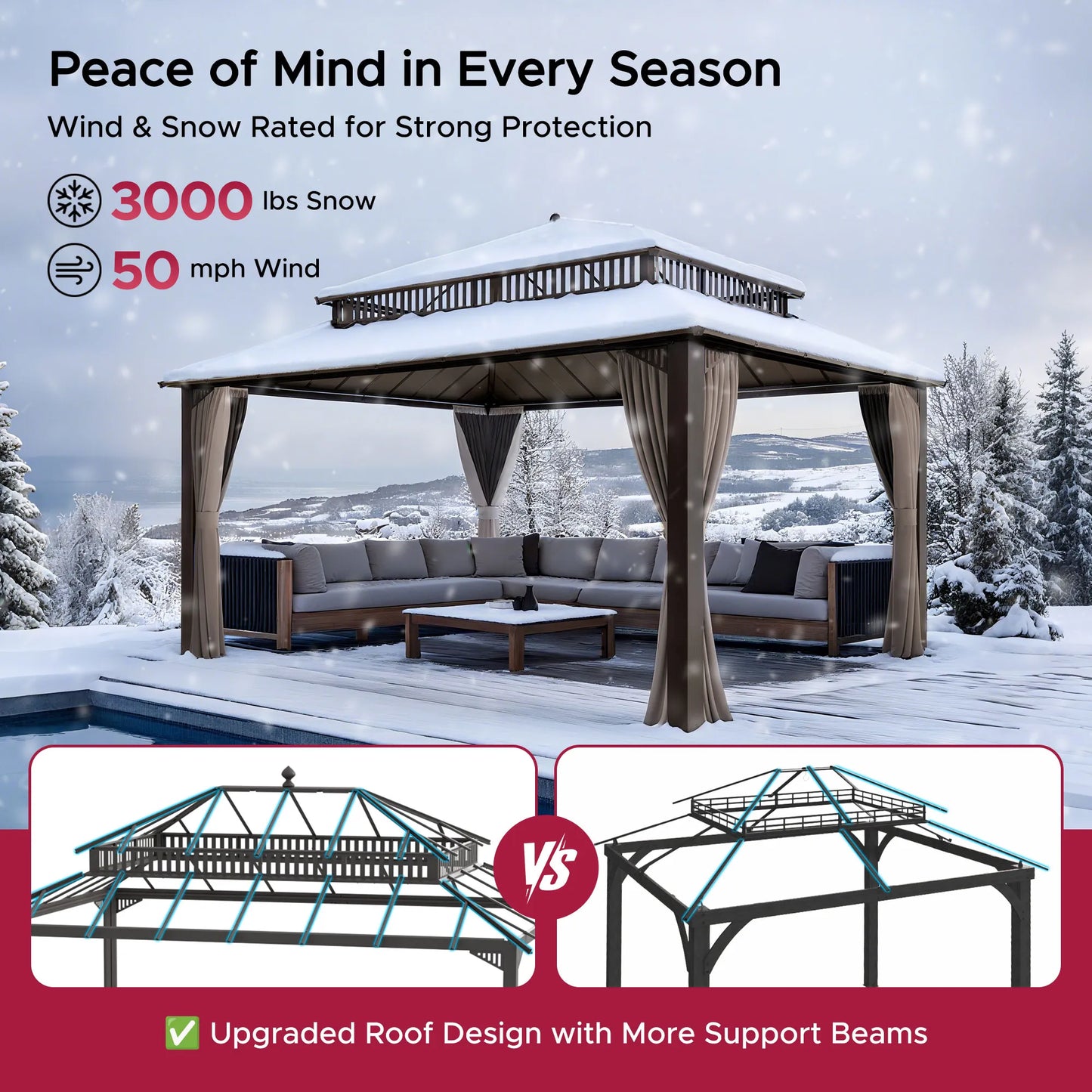Mazonvintage Kingston 12x16 Gazebo with Netting & Curtain | Steel & PC Roof - Brown Aluminum Posts