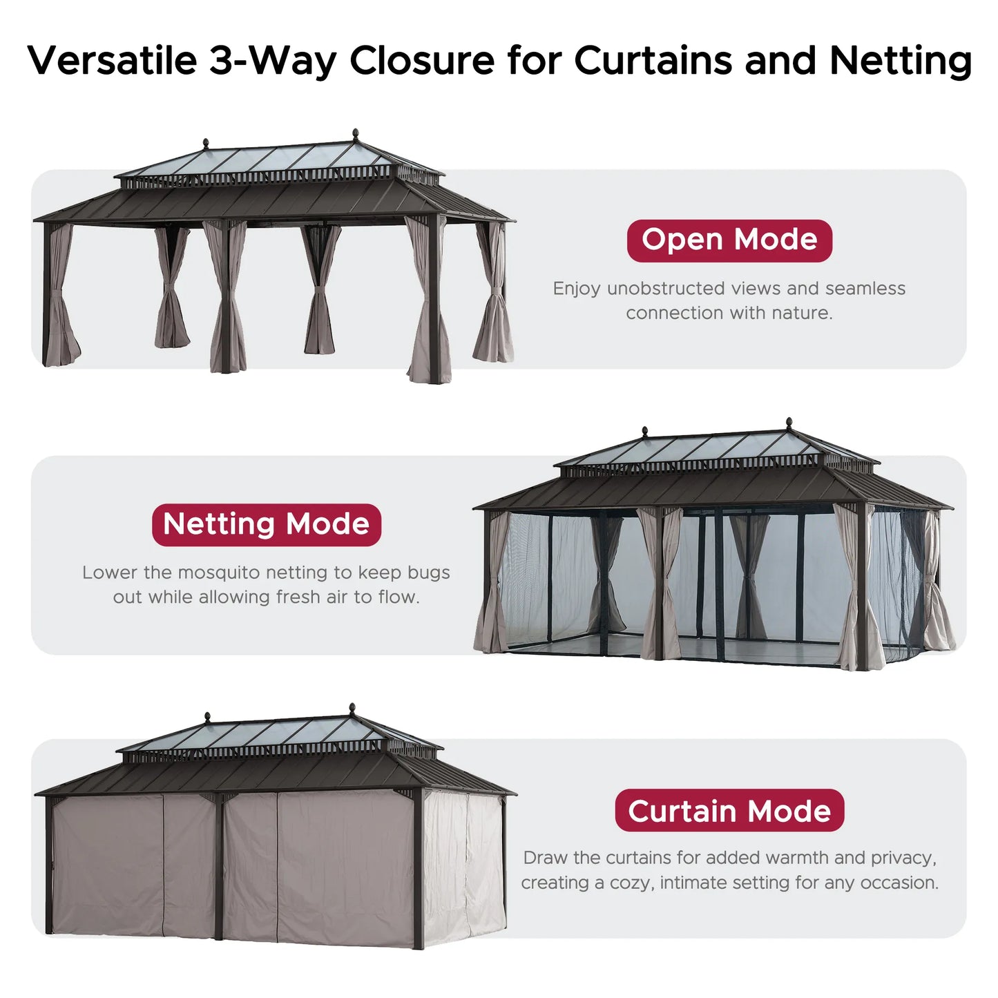 Mazonvintage Kingston 12x20 Gazebo with Netting & Curtain | Steel & PC Roof - Brown Aluminum Posts