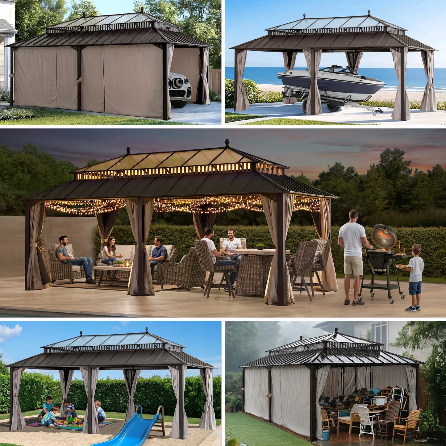 Mazonvintage Kingston 12x20 Gazebo with Netting & Curtain | Steel & PC Roof - Brown Aluminum Posts