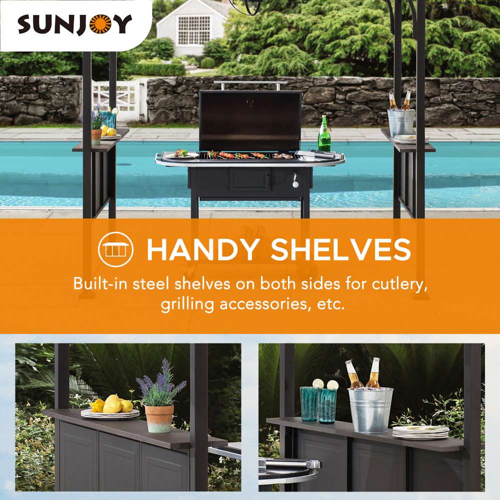 Mazonvintage 5x8 Backyard Hardtop Grill Gazebo with Ceiling Hook and Bar Shelves