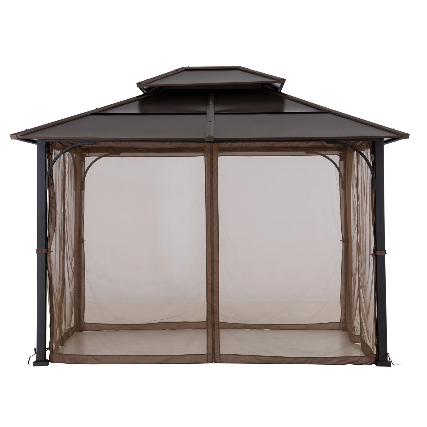 Mazonvintage 10x12 Cedar Wood Gazebo with Galvanized Steel Roof, LED String Lights & Mosquito Netting - Brown