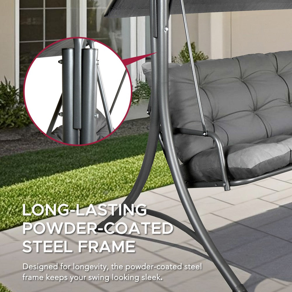 Mazonvintage3-Seat Italian-Made Patio Swing Chair with Adjustable Canopy and 4" Cushions – Gray
