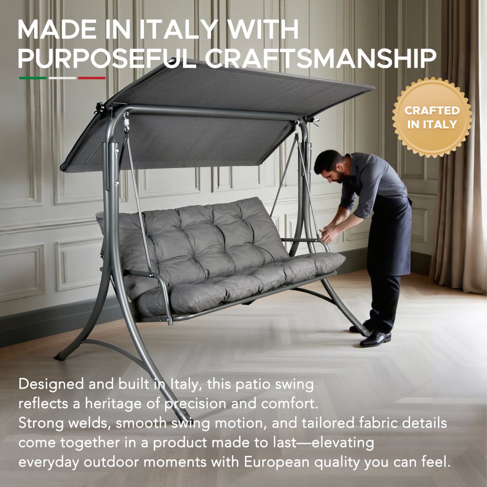 Mazonvintage3-Seat Italian-Made Patio Swing Chair with Adjustable Canopy and 4" Cushions – Gray