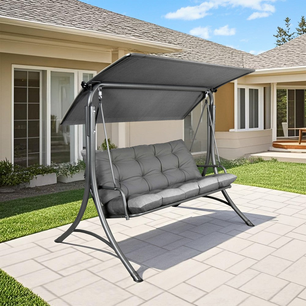 Mazonvintage3-Seat Italian-Made Patio Swing Chair with Adjustable Canopy and 4" Cushions – Gray