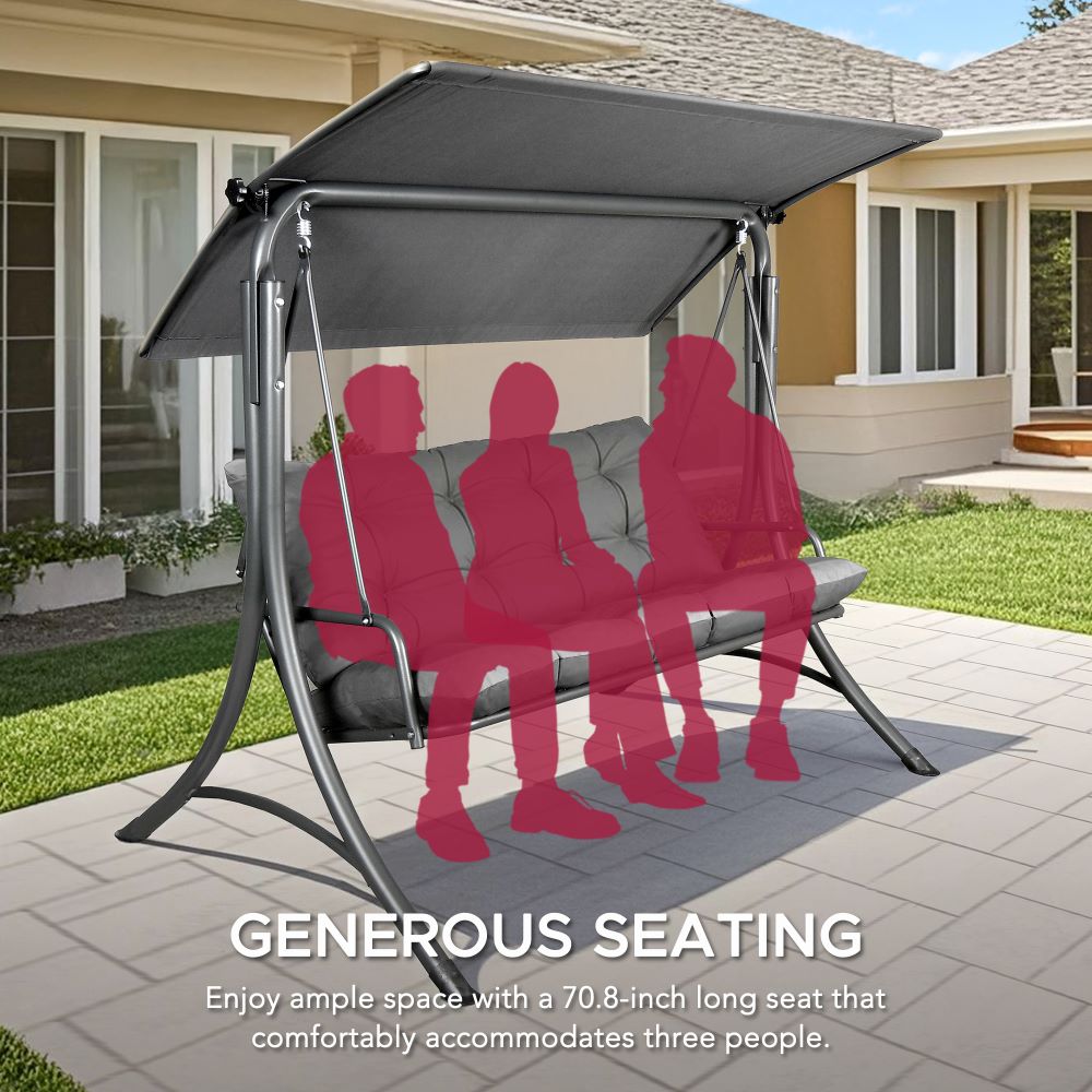 Mazonvintage3-Seat Italian-Made Patio Swing Chair with Adjustable Canopy and 4" Cushions – Gray