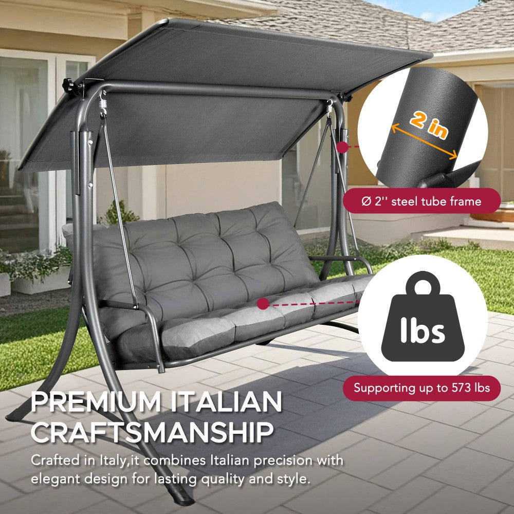 Mazonvintage3-Seat Italian-Made Patio Swing Chair with Adjustable Canopy and 4" Cushions – Gray