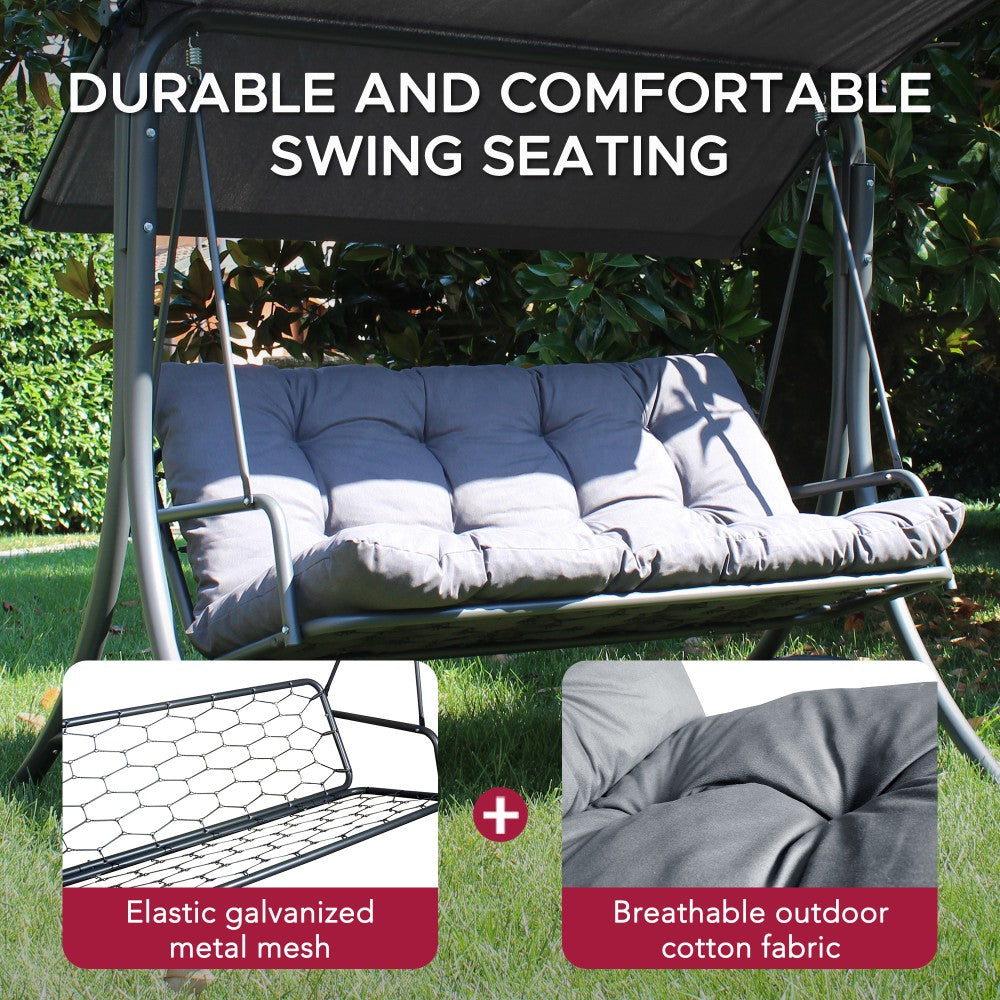 Mazonvintage3-Seat Italian-Made Patio Swing Chair with Adjustable Canopy and 4" Cushions – Gray